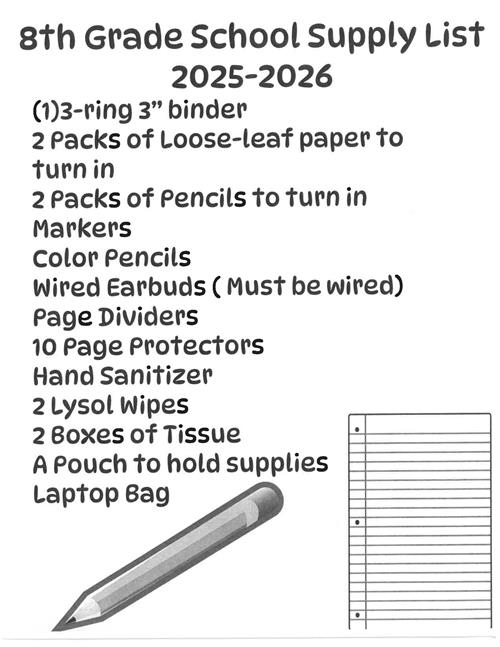 8th Grade Supply List